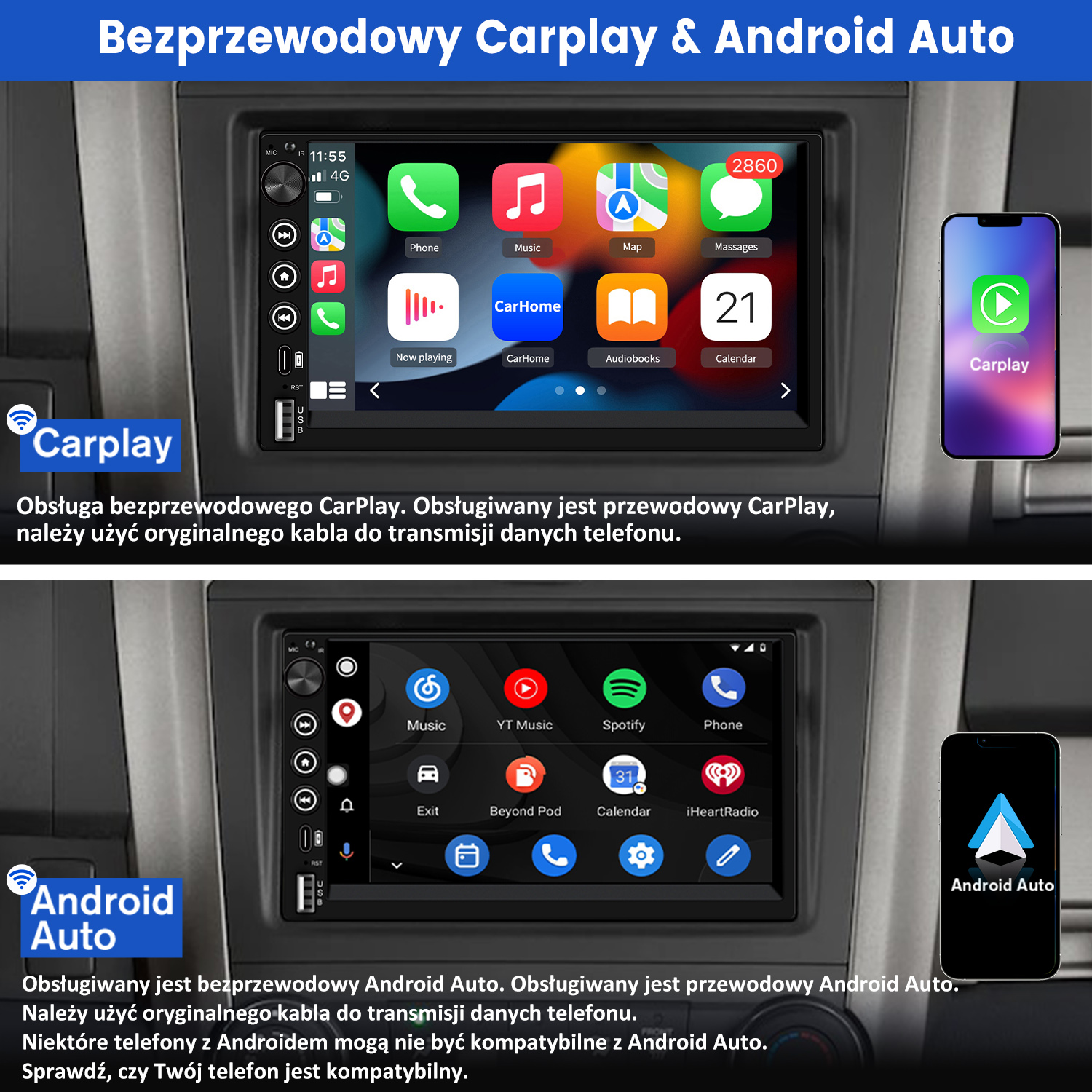 Wyświetlacz samochodowy pokazujący interfejsy CarPlay i Android Auto, z ikonami telefonu i kalendarzem. Wyświetlane są również dwa smartfony.