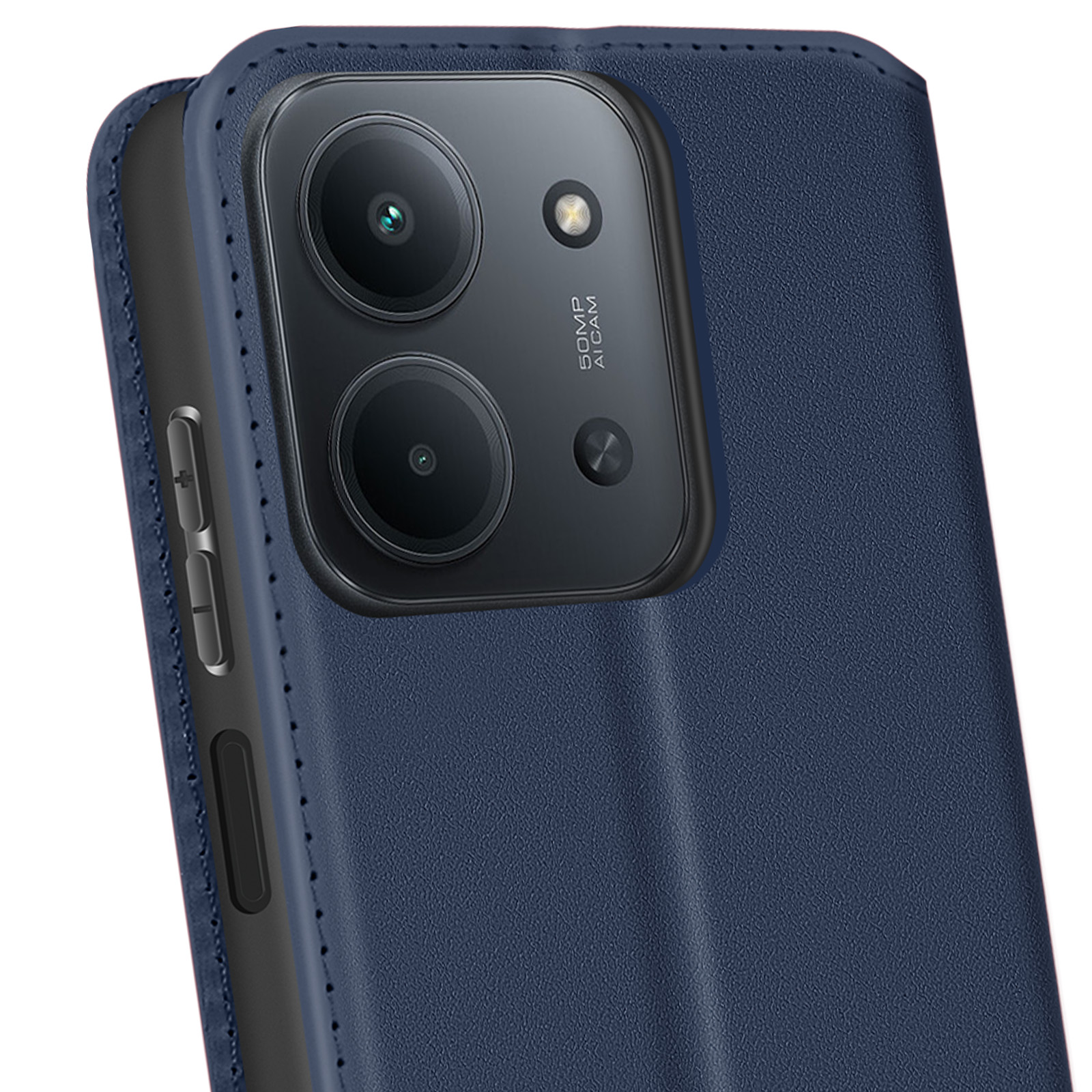 Una custodia blu navy con un modulo fotocamera. Il modulo ha due lenti, un flash e la scritta '50MP AI CAM'.