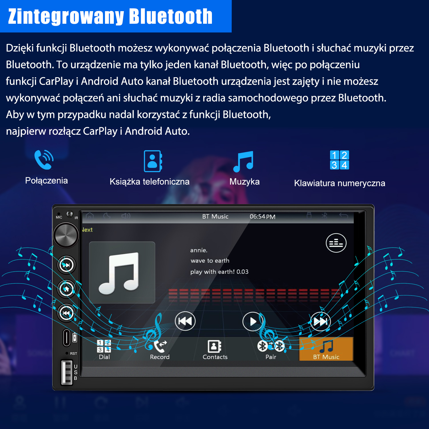 Ekran systemu audio w samochodzie wyświetlający elementy sterowania muzyką. Zawiera tytuł utworu, ikonę nuty i funkcje Bluetooth.