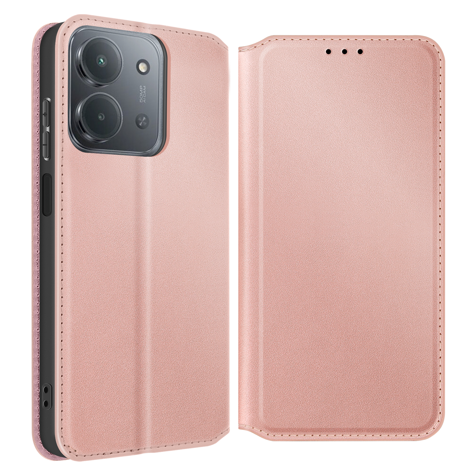 Un étui de téléphone rose, ouvert. Il comporte une découpe pour l'appareil photo et une surface texturée. L'étui est ouvert.
