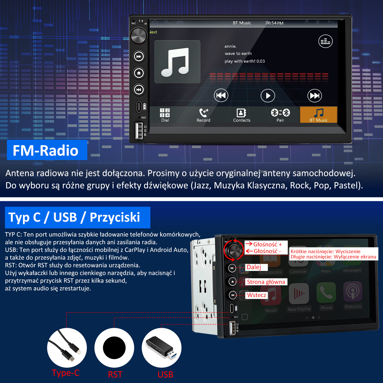 System audio do samochodu z ekranem, kontrolkami muzyki i różnymi portami. Zawiera tekst o funkcjach.