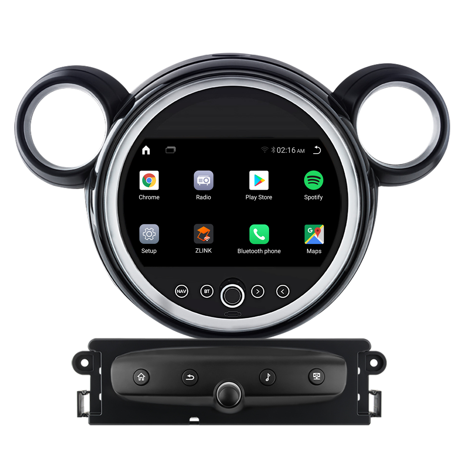 Sistema di infotainment per auto con app per Chrome, Radio, Spotify e Maps. Sotto, un pannello di controllo con pulsanti.