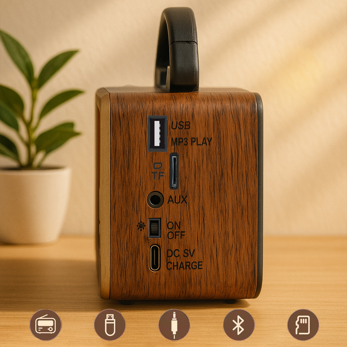 Drewniany głośnik z czarnym uchwytem. Posiada porty USB, TF, AUX, Wł./Wył. i DC 5V. Mała roślina w tle.