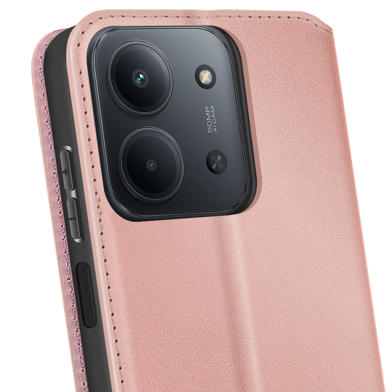 Gros plan sur un étui de téléphone rose avec une caméra de téléphone. Des boutons sont visibles sur le côté gauche. La caméra a deux lentilles.