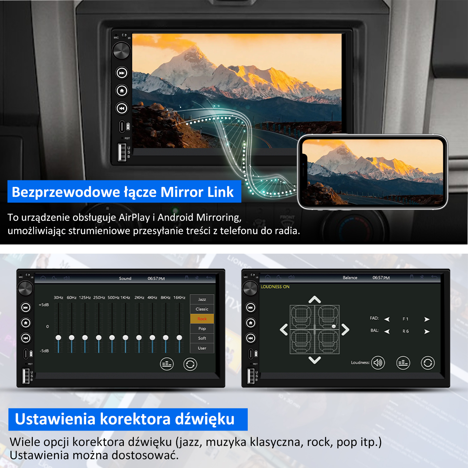 Samochodowy system multimedialny z ekranem pokazującym górski krajobraz, odzwierciedlającym ekran telefonu, z ustawieniami dźwięku.