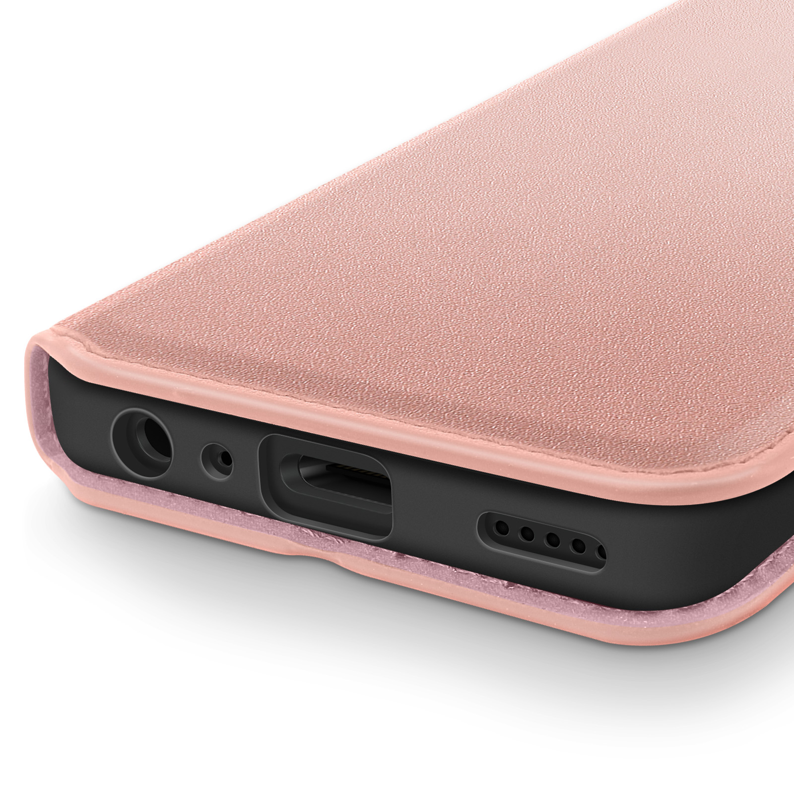 Gros plan sur une coque de téléphone rose. Ports de téléphone noirs visibles. Fond blanc.