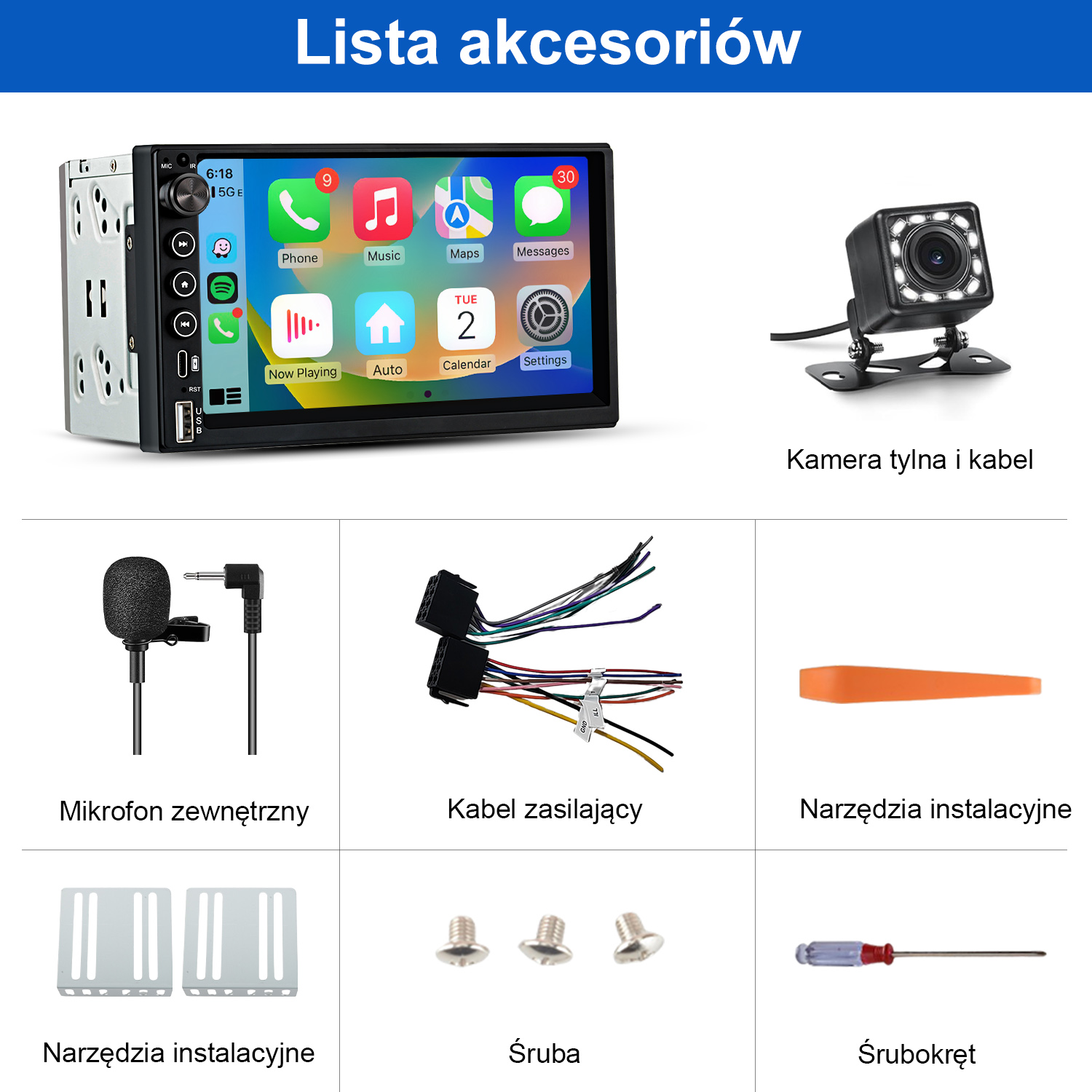 Obraz przedstawia akcesoria samochodowe: radio samochodowe, kamerę cofania, mikrofon, okablowanie, narzędzia, śruby i śrubokręt.