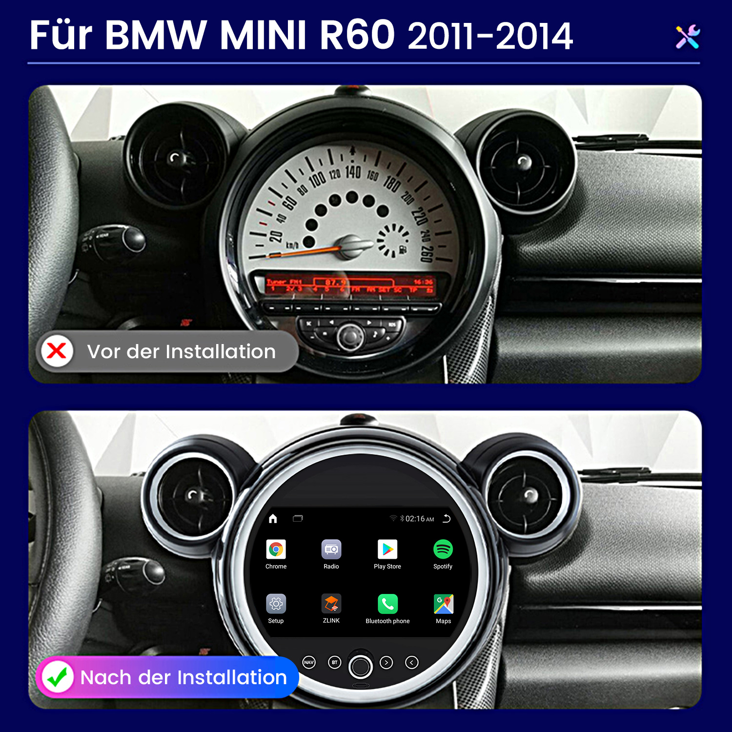 Autotafel vor und nach der Installation. Oben ist das ursprüngliche Armaturenbrett, unten ein neuer Bildschirm mit Apps.