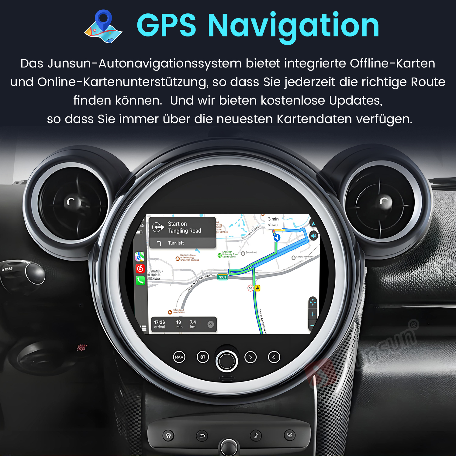 Aut Armaturenbrett zeigt einen Navigationsbildschirm mit Karte, Route und Steuertasten. Text oben sagt GPS Navigation.