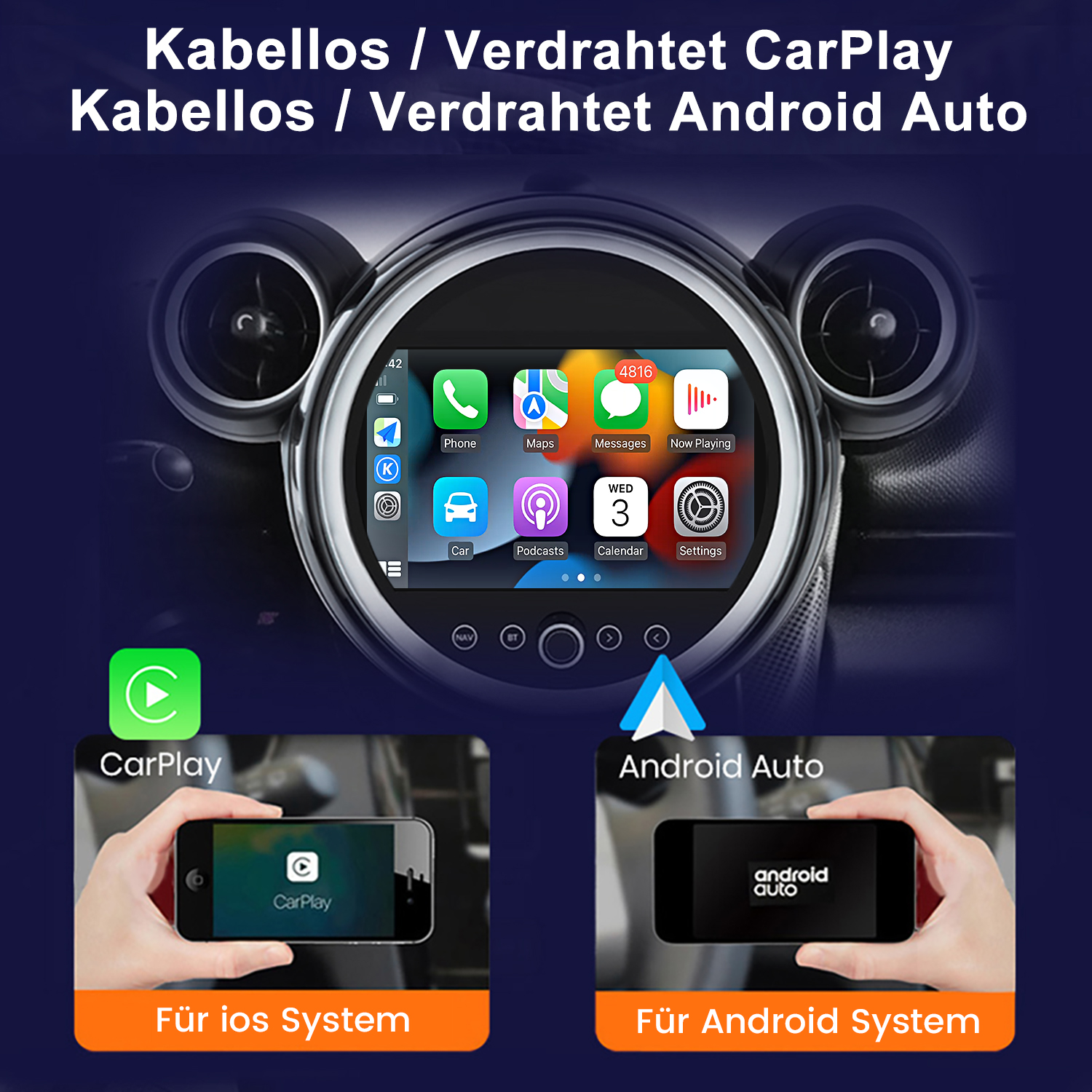 Das Bild zeigt ein Auto-Armaturenbrett mit CarPlay- und Android Auto-Optionen. Zwei Telefone zeigen die Oberflächen, darunter deutscher Text.