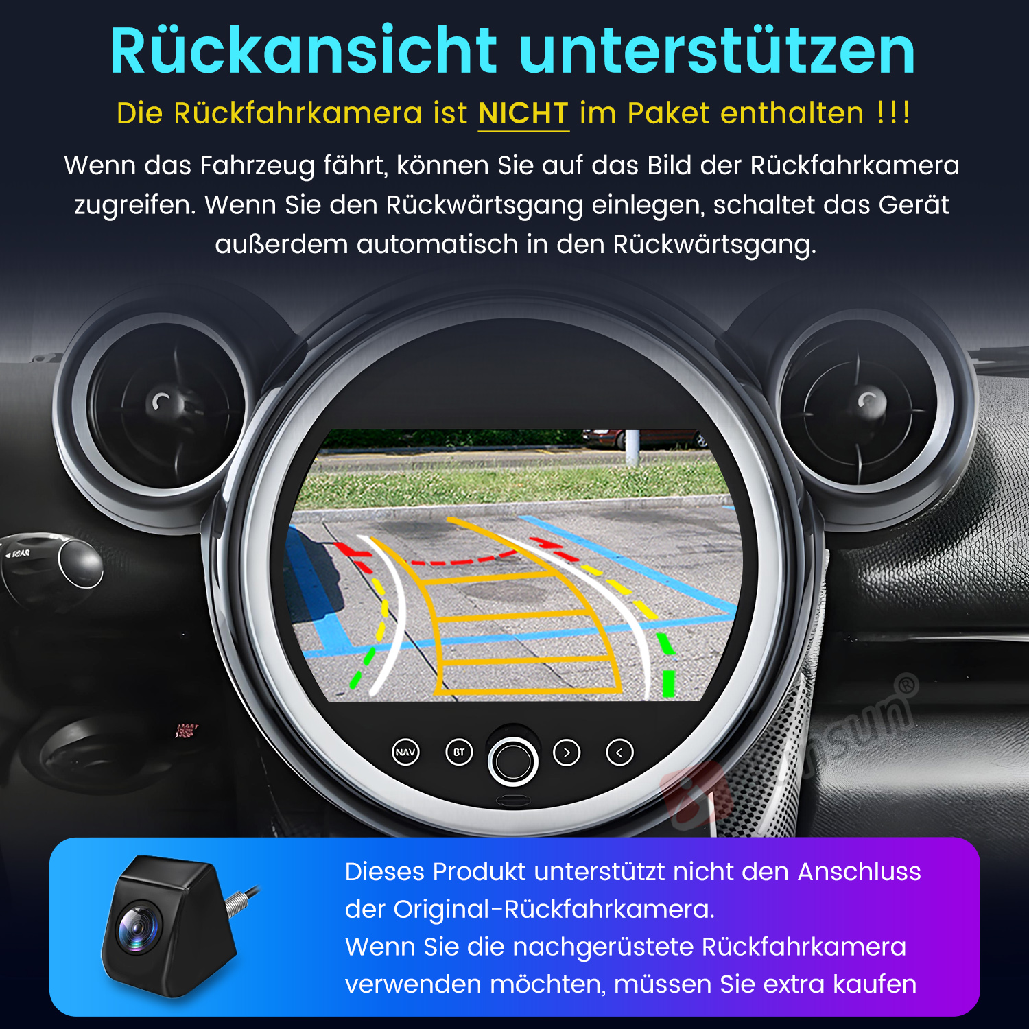 Autointerieur mit Bildschirm, der eine Rückansicht mit Führungslinien zeigt. Eine kleine Kamera befindet sich unten links.
