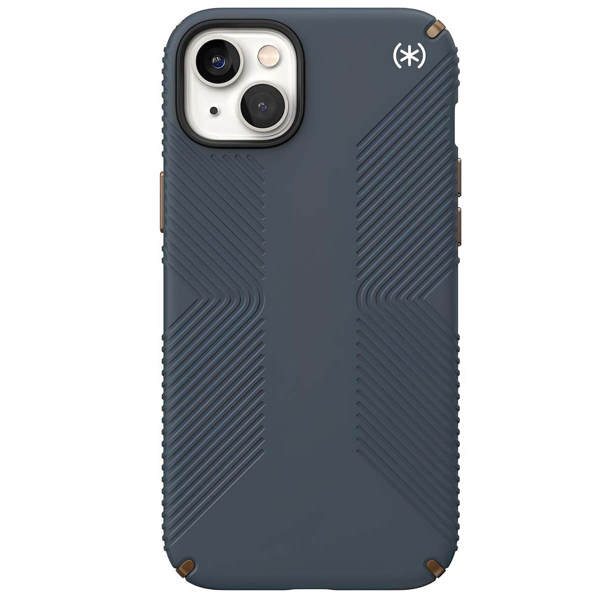 Una custodia per telefono blu scuro con modulo fotocamera e design strutturato. La custodia presenta un logo e dettagli bronzo.