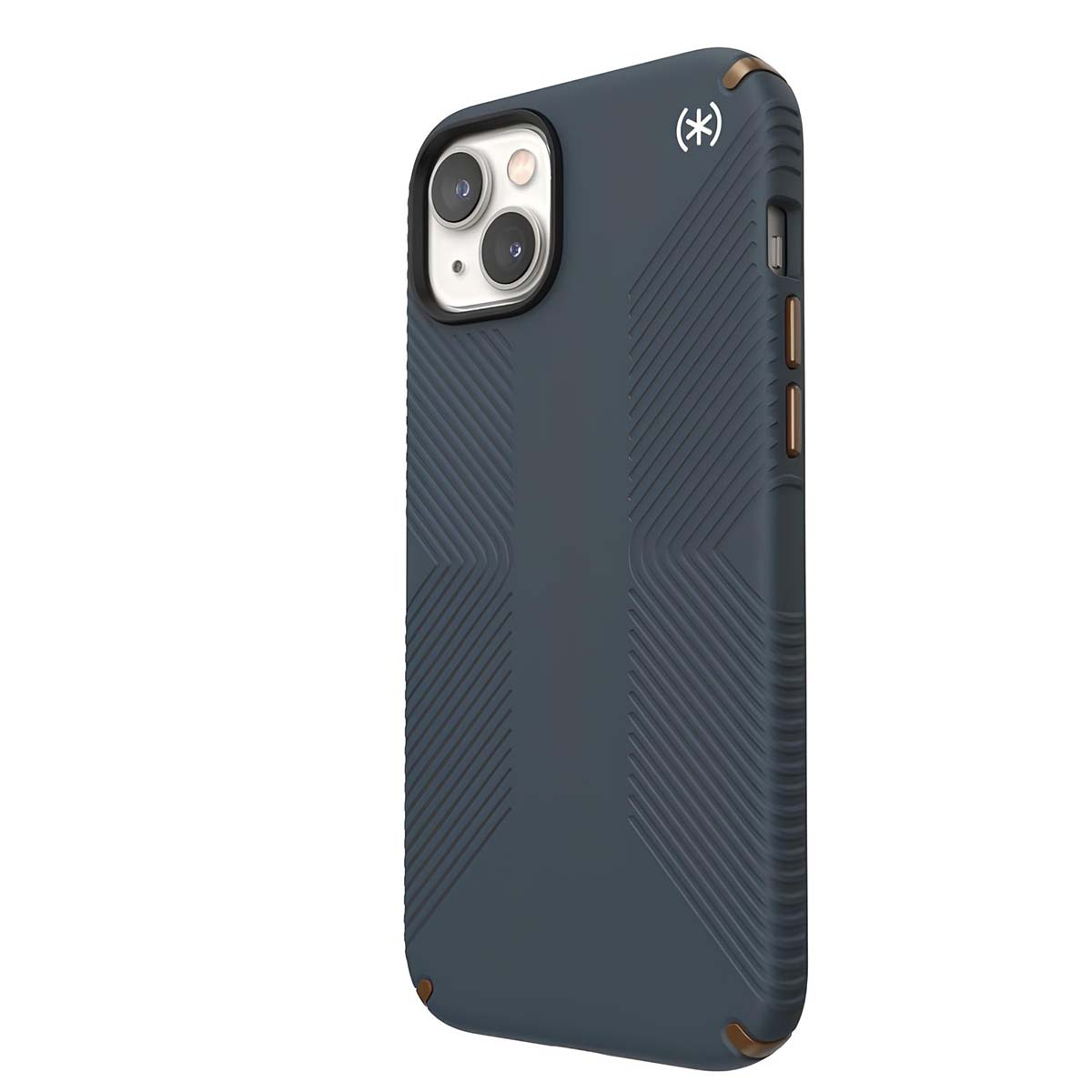Custodia per iPhone blu scuro con design strutturato e linee angolate. Visibili fotocamera e pulsanti laterali del telefono.