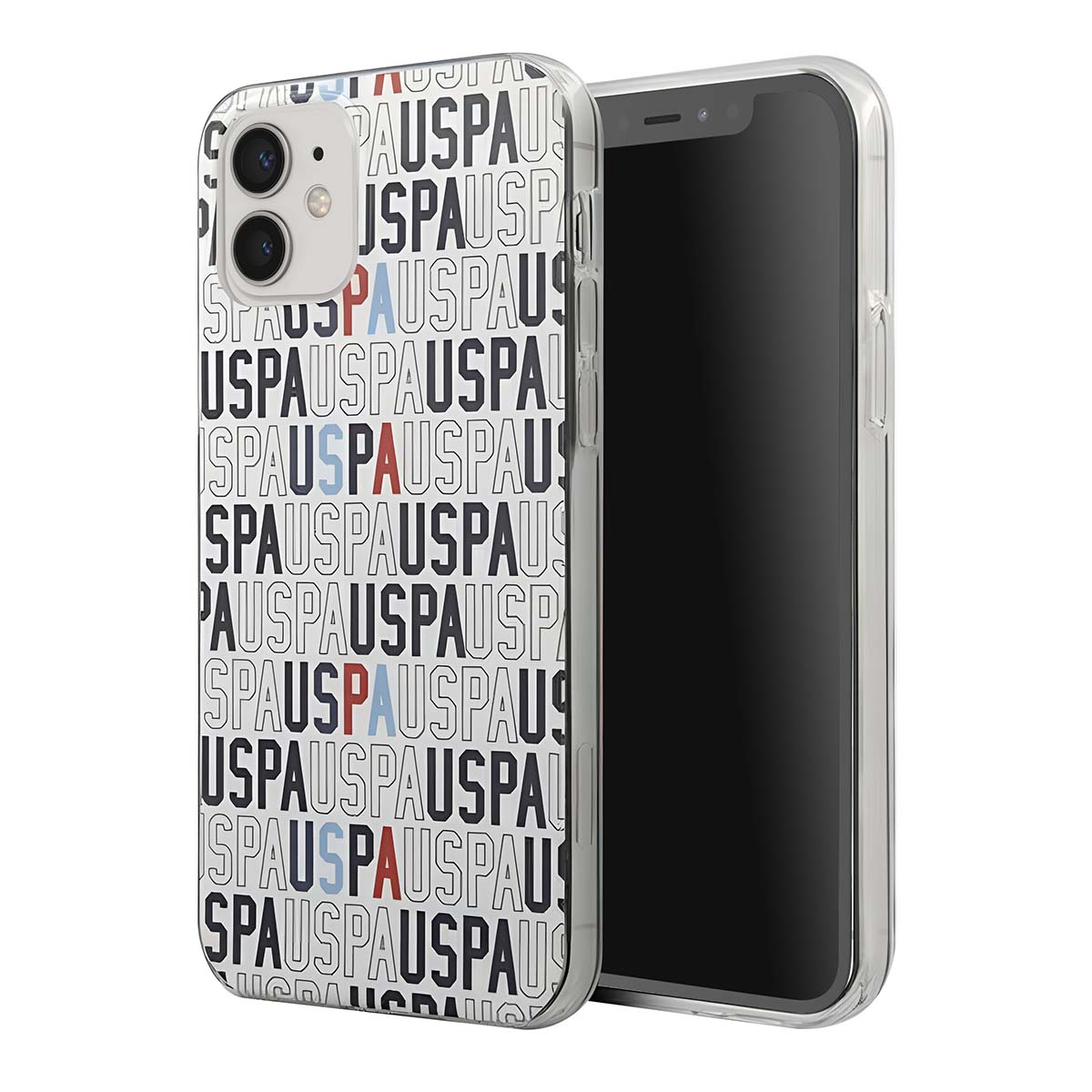 Uno smartphone in una custodia trasparente. La custodia ha la parola SPAUS ripetuta in diversi colori. Lo schermo è nero.