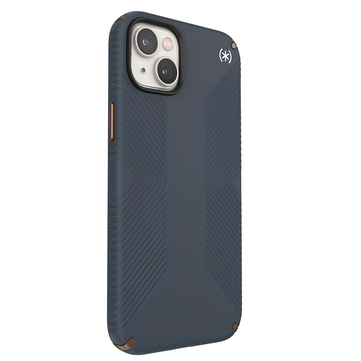 Una custodia per telefono blu scuro con un design strutturato. Ha un ritaglio per la fotocamera e un logo. La custodia è per un modello di iPhone.