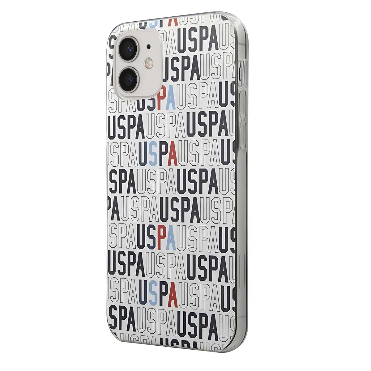 Una custodia bianca per iPhone con un motivo ripetuto delle parole 'PAUSPAUSPAUS' in nero, blu e rosso. Il telefono ha una fotocamera.