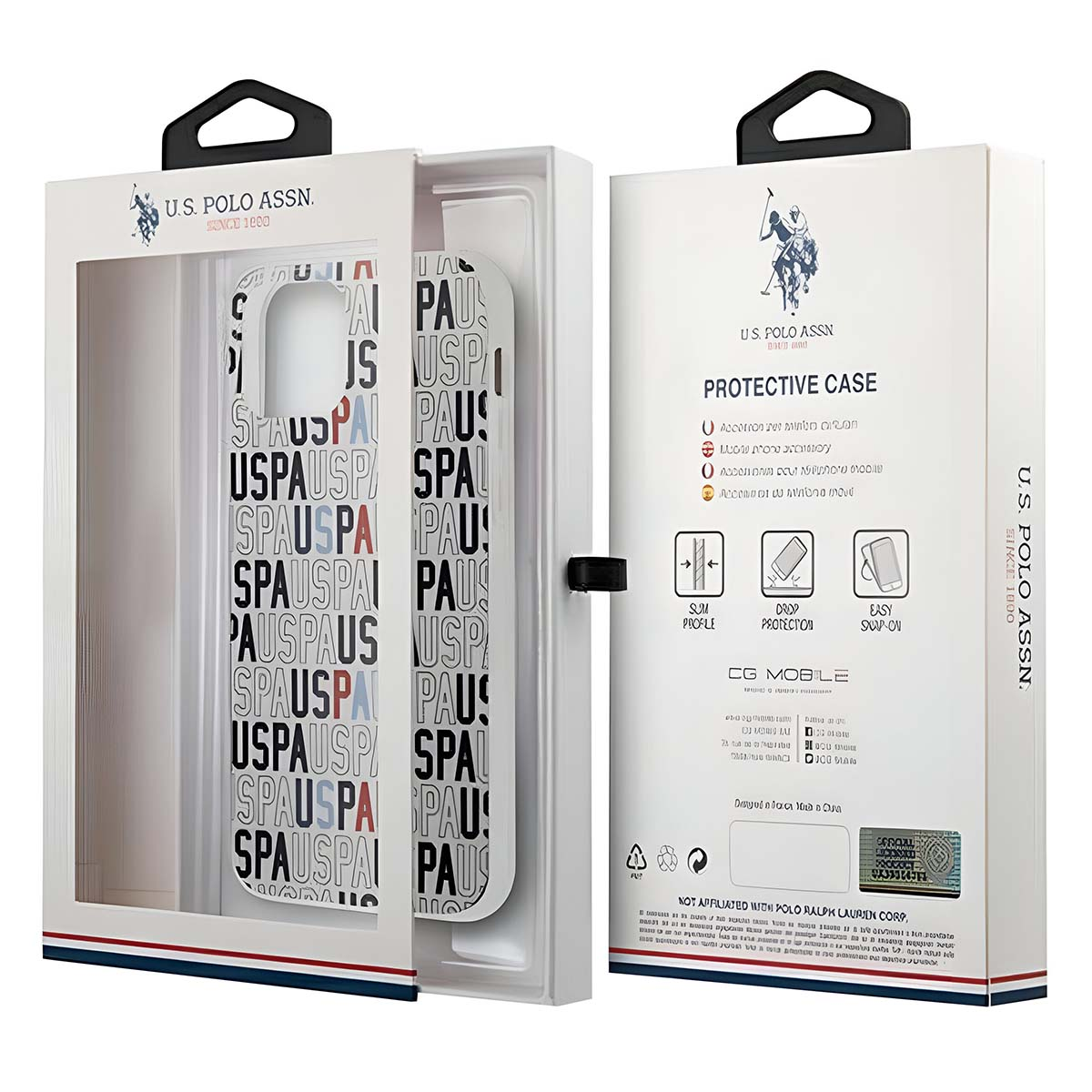 Custodia per telefono U.S. Polo Assn. in confezione aperta. La custodia ha un motivo con logo. La scatola ha design e caratteristiche.