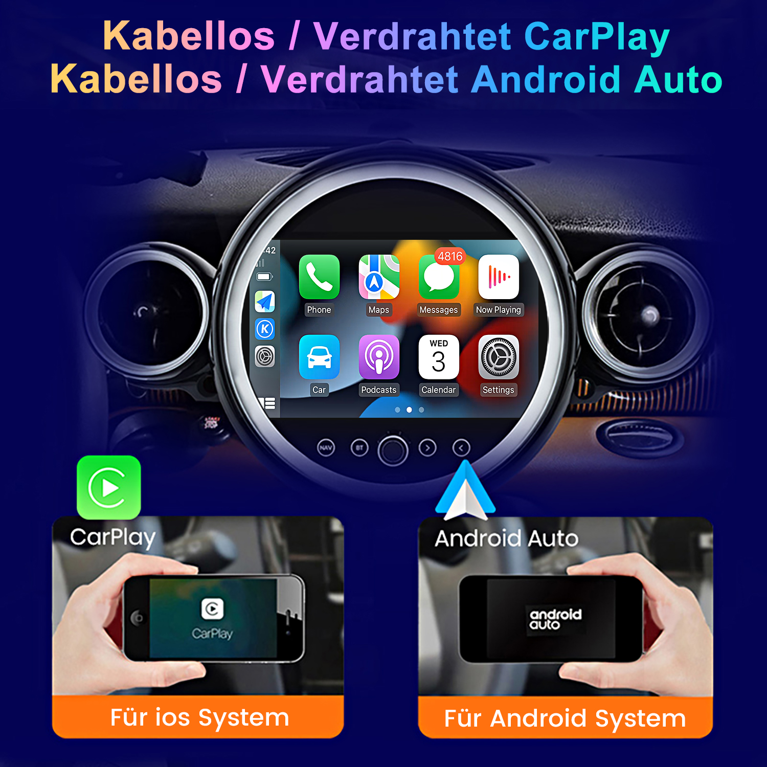 CarPlay- und Android Auto-Oberfläche auf dem Bildschirm. Zeigt Telefon-Apps. Telefon hält CarPlay- und Android Auto-Oberflächen.