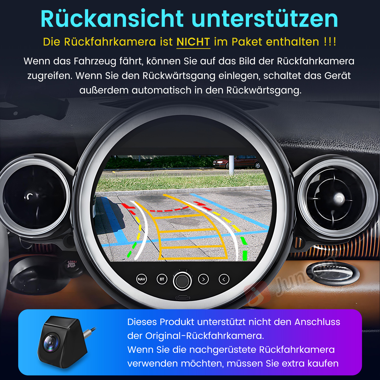 Ansicht des Armaturenbretts mit einem Bildschirm, der die Rückansicht eines Autos zeigt. Eine schwarze Kamera wird unten links gezeigt. Text auf Deutsch ist ebenfalls vorhanden.