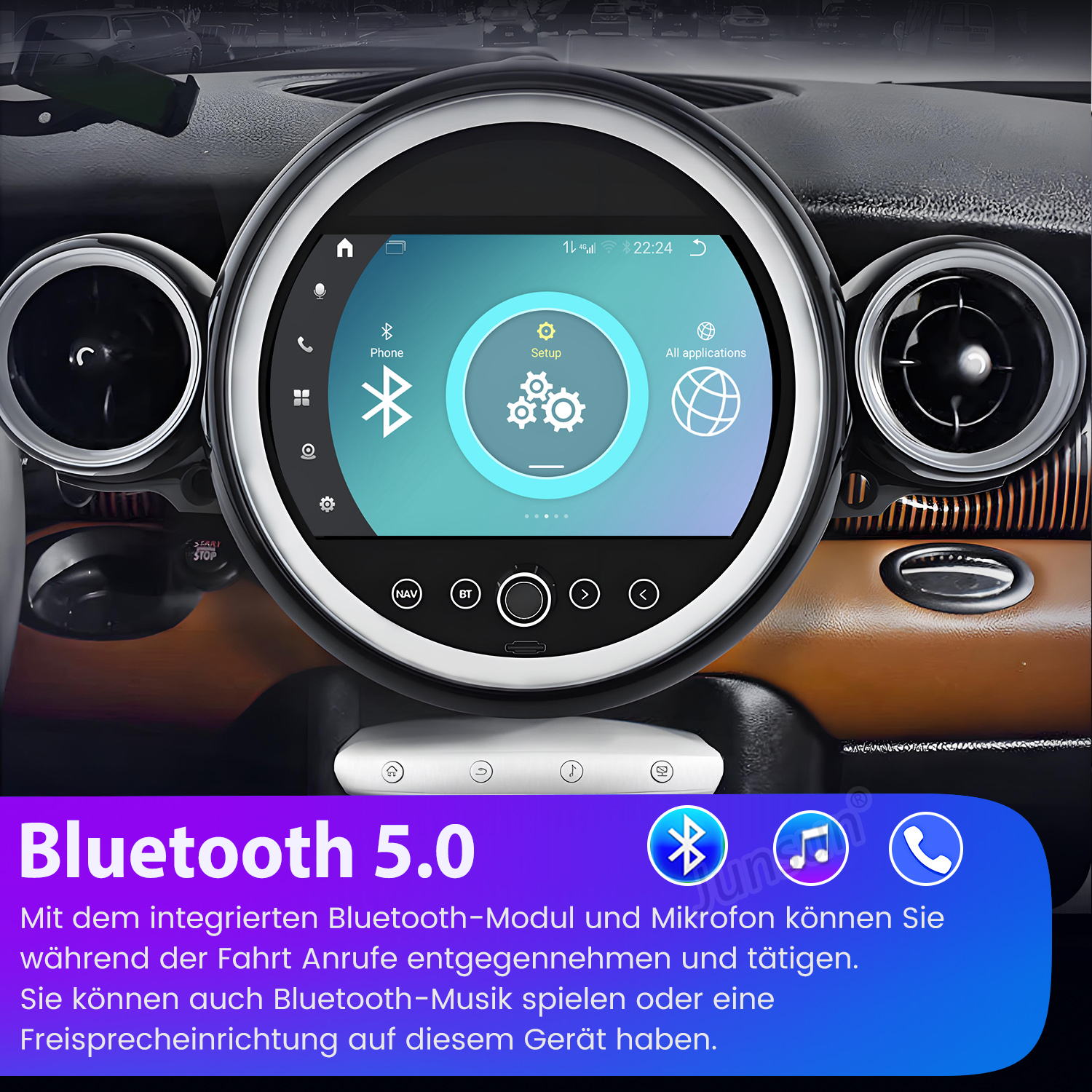 Aut Armaturenbrett mit rundem Bildschirm mit App-Symbolen. Darunter steht Bluetooth 5.0. Das Innere des Autos ist sichtbar.
