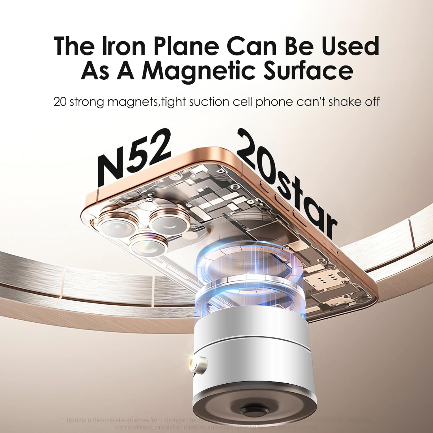 Ein Telefon wird über einem weißen Gerät gehalten. Das Telefon zeigt interne Komponenten an. Der Text lautet: 'The Iron Plane Can Be Used As A Magnetic Surface'.