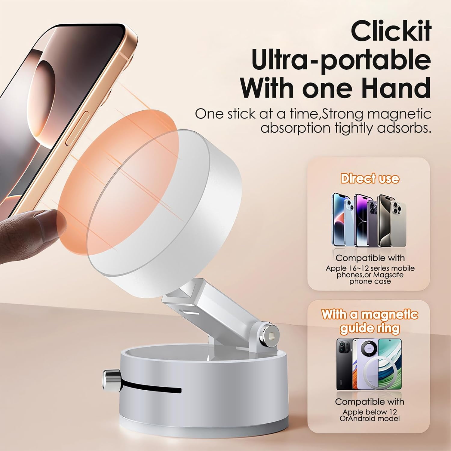 Ein weißer Telefonständer hält ein Telefon. Der Text lautet 'Clickit Ultra-portable With one Hand'. Bilder zeigen Telefonkompatibilität.