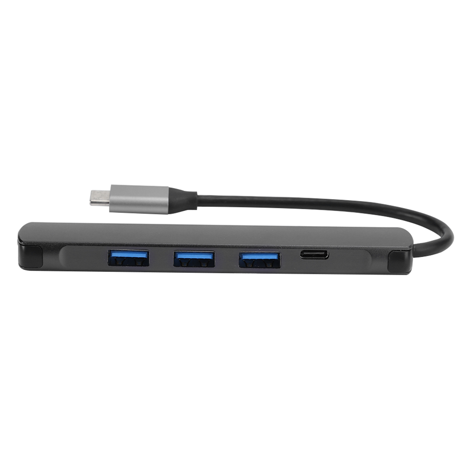 Ein grauer USB-Hub mit einem schwarzen Kabel und einem silbernen USB-C-Anschluss. Es hat 3 USB-Anschlüsse und einen USB-C-Anschluss.