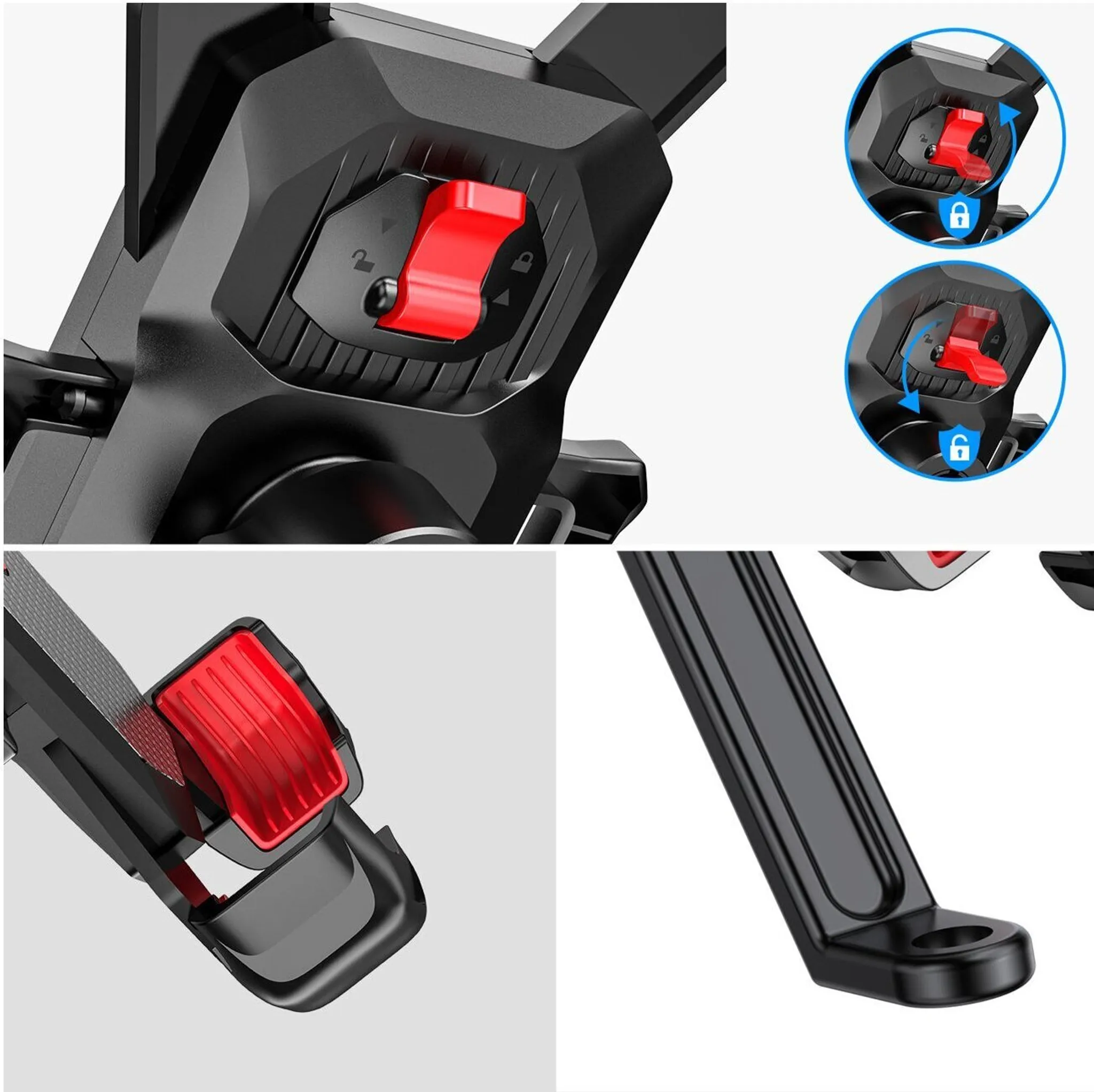 Nahaufnahme eines schwarz-roten Geräts. Details umfassen einen roten Knopf, einen Verriegelungsmechanismus und Stützstrukturen. Der Hintergrund ist weiß.