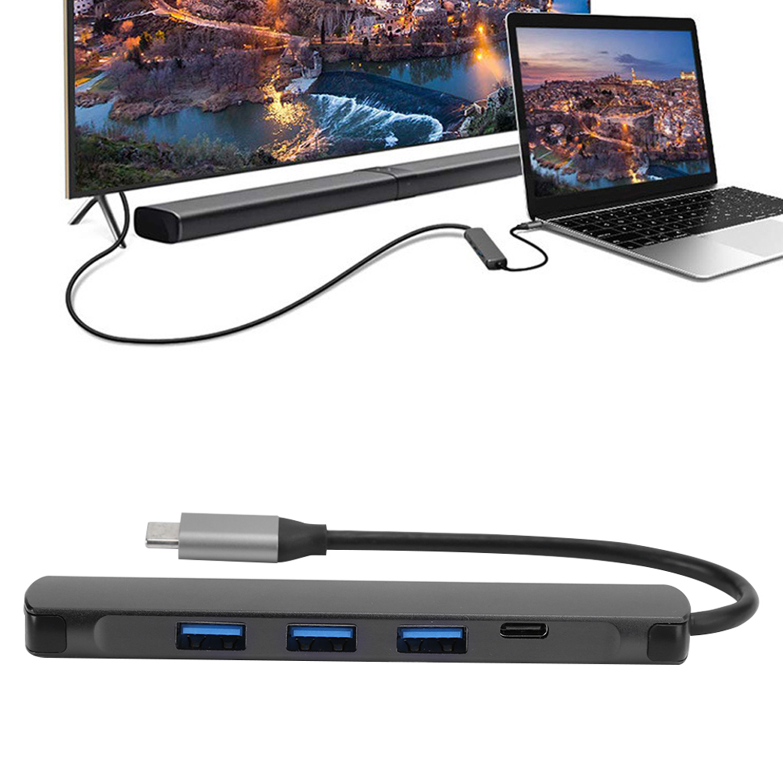 Ein Laptop, ein Fernseher und ein USB-Hub sind verbunden. Der Hub hat USB- und Stromanschlüsse. Der Laptop und der Fernseher zeigen Stadtansichten.