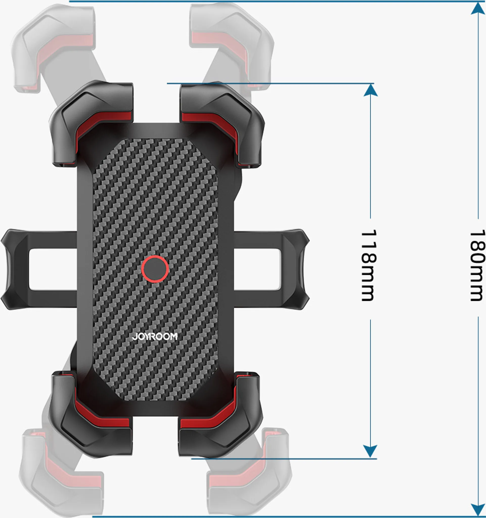 Telefonhalter mit roten Akzenten, Karbonfasermuster und Joyroom-Logo. Abmessungen: 118 mm x 180 mm. Weißer Hintergrund.