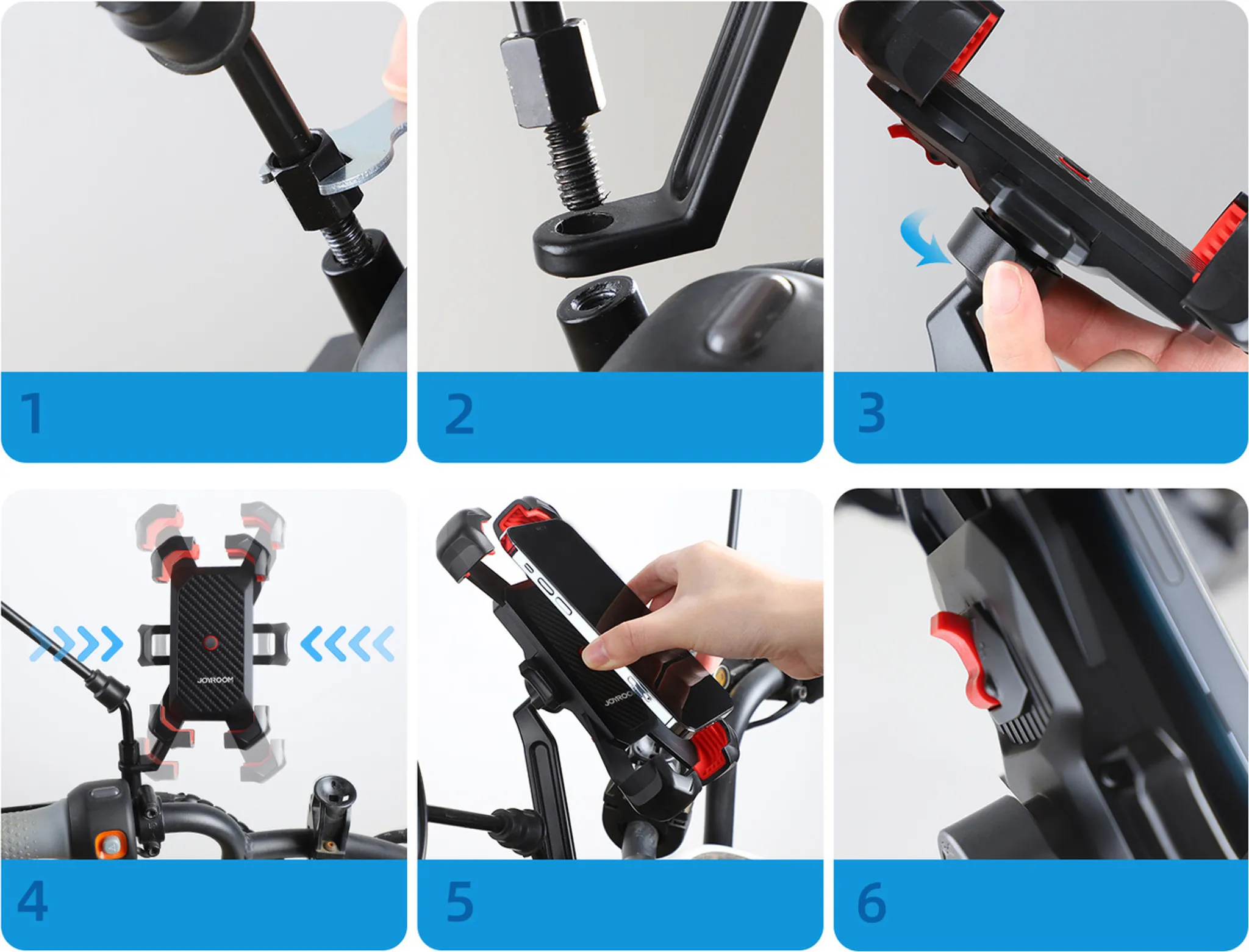 Schritte zur Installation einer Telefonhalterung an einem Motorrad. Die verschiedenen Teile und die Montage werden gezeigt.