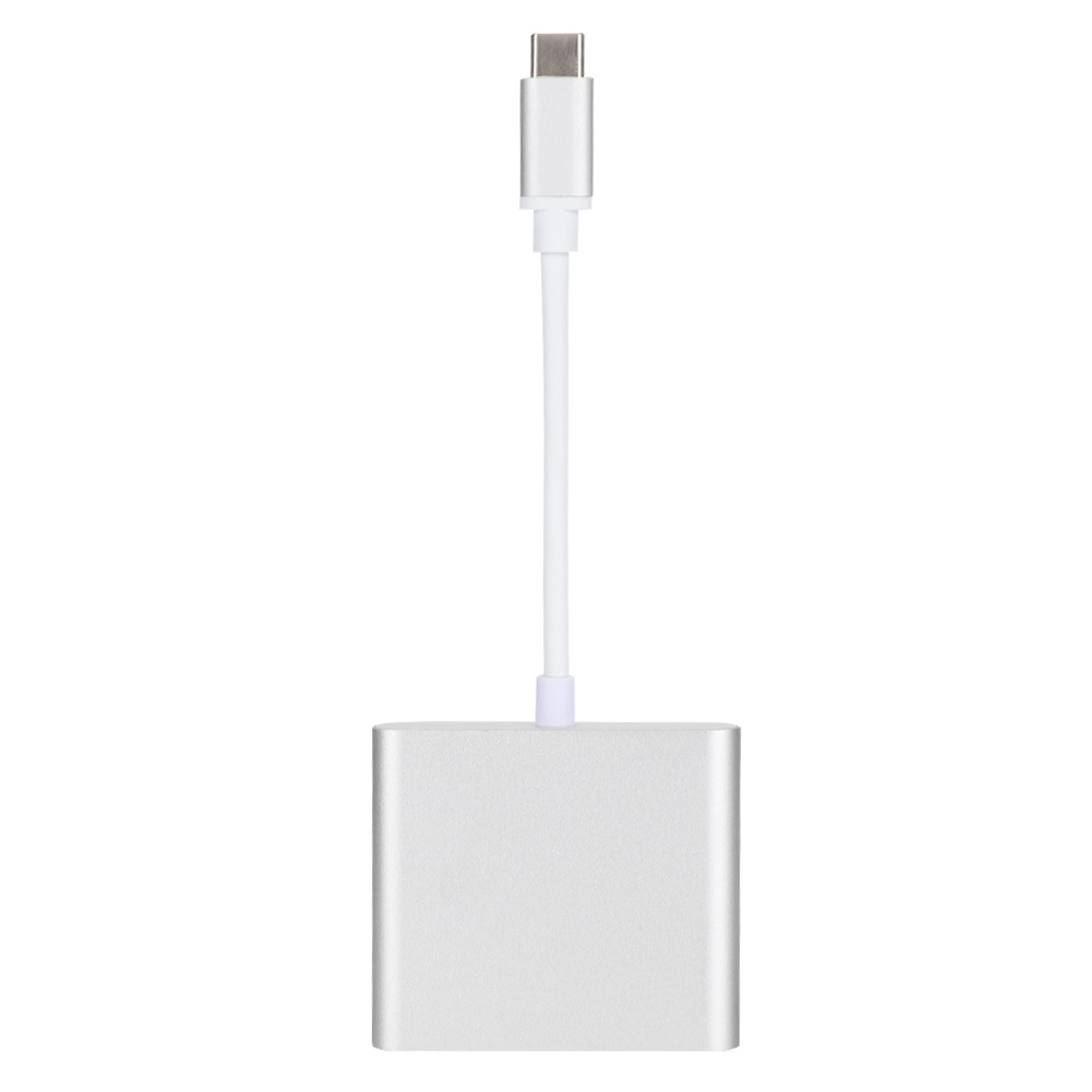 Ein silberner Adapter mit USB-C-Anschluss und weißem Kabel ist an einem silbernen rechteckigen Block befestigt, alles vor weißem Hintergrund.