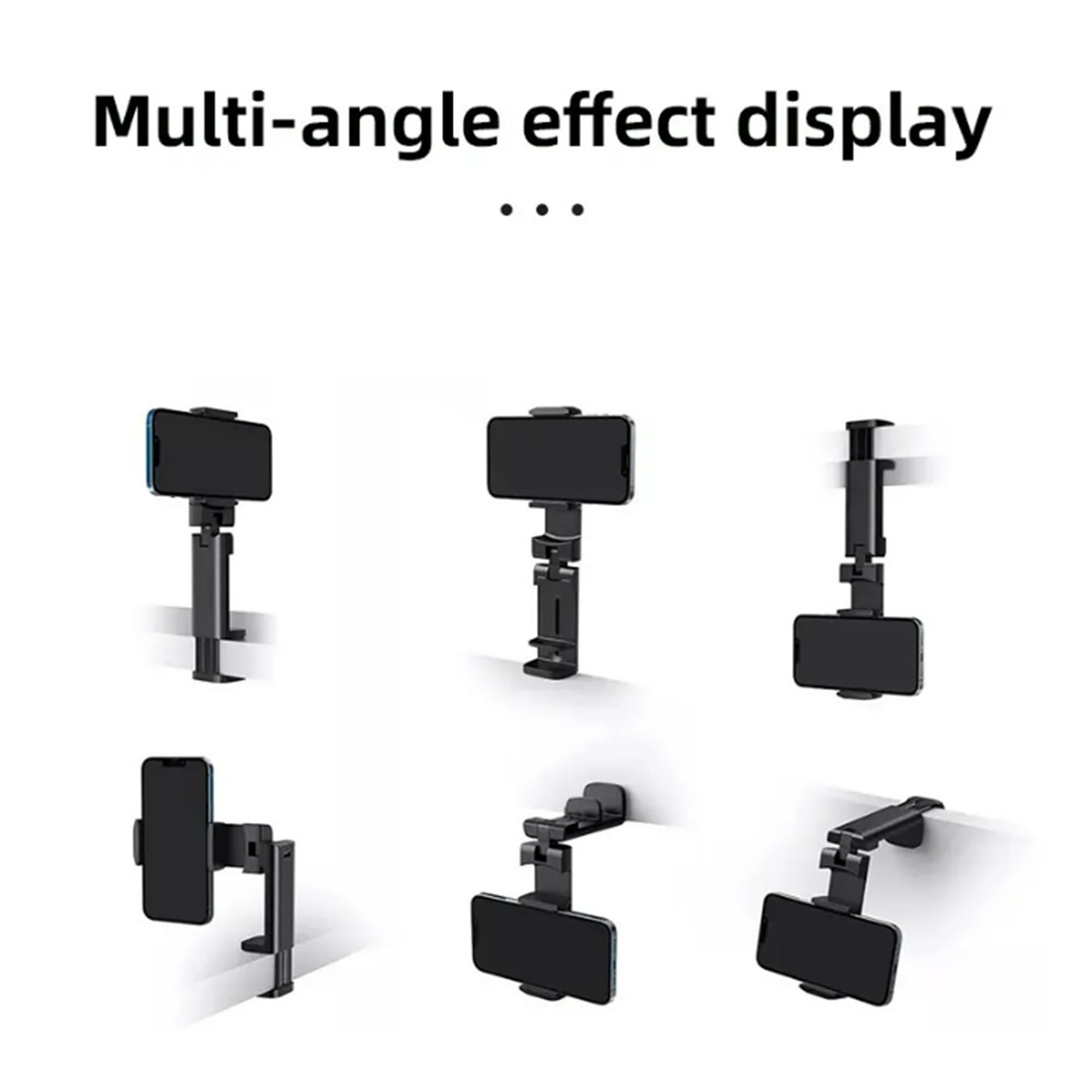 Das Bild zeigt Multi-Winkel-Telefonhalter mit befestigten Telefonen. Verschiedene Positionen werden dargestellt, die verschiedene Winkel und Verwendungen zeigen.