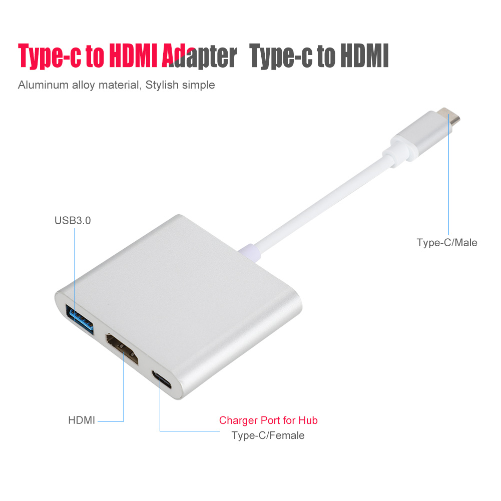 Silberner Typ-C-zu-HDMI-Adapter mit USB3.0-, HDMI- und Typ-C-Anschlüssen. Weißes Kabel verbindet sich mit einem Typ-C-Stecker.