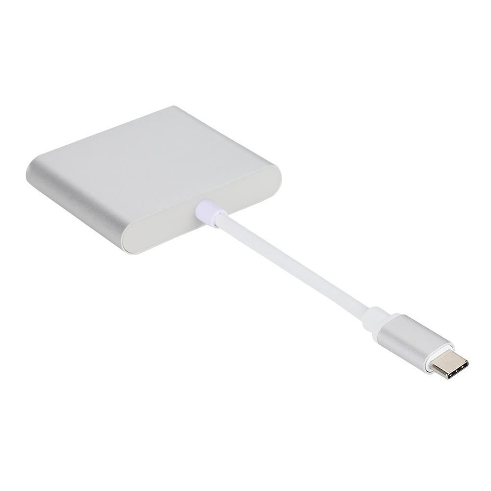 Ein silberner USB-C-Adapter mit weißem Kabel. Der Adapter ist rechteckig. Das Kabel verbindet sich mit einem USB-C-Stecker.