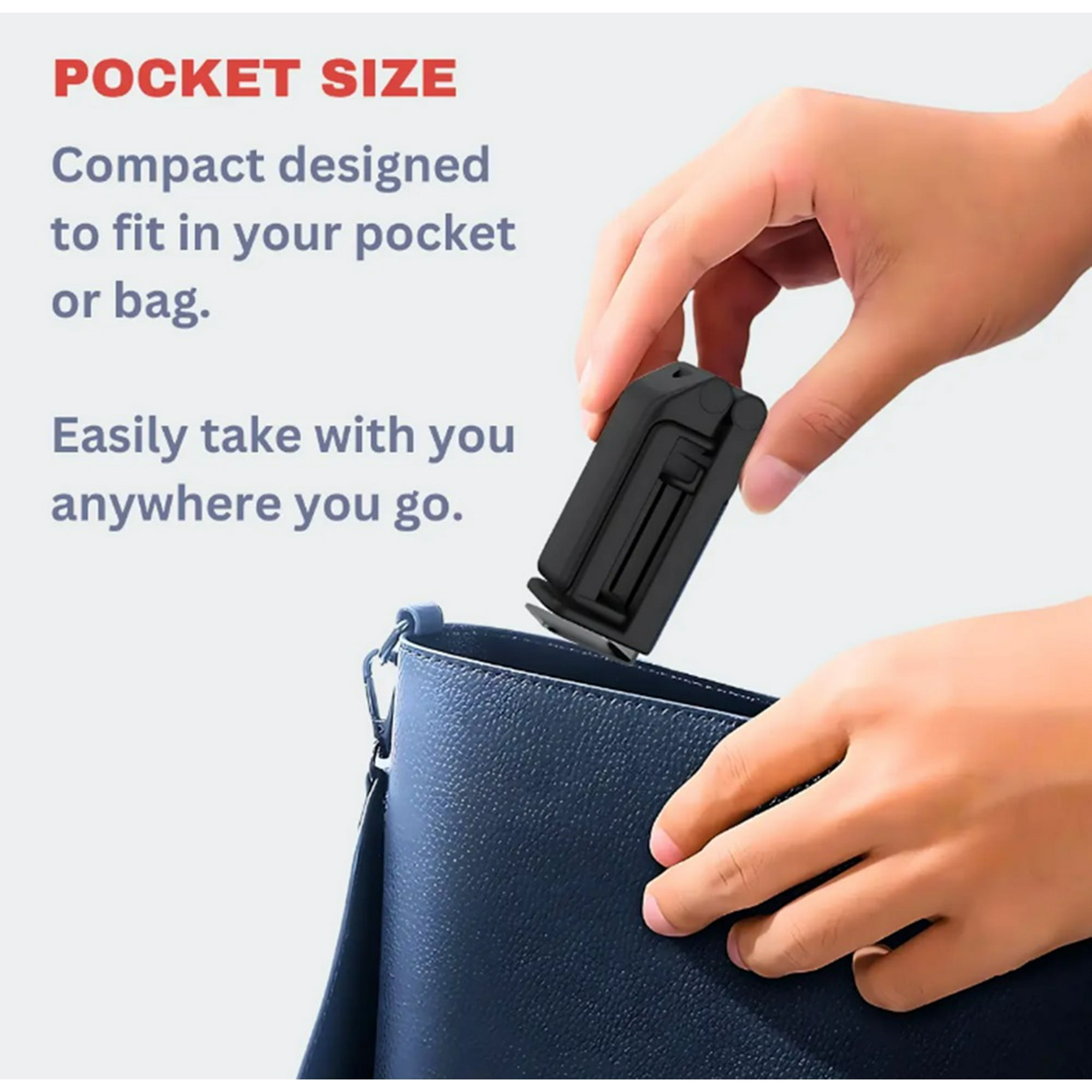Eine Hand legt ein schwarzes, faltbares Gerät in eine blaue Tasche. Text: "Pocket Size, Kompaktes Design für Ihre Tasche."