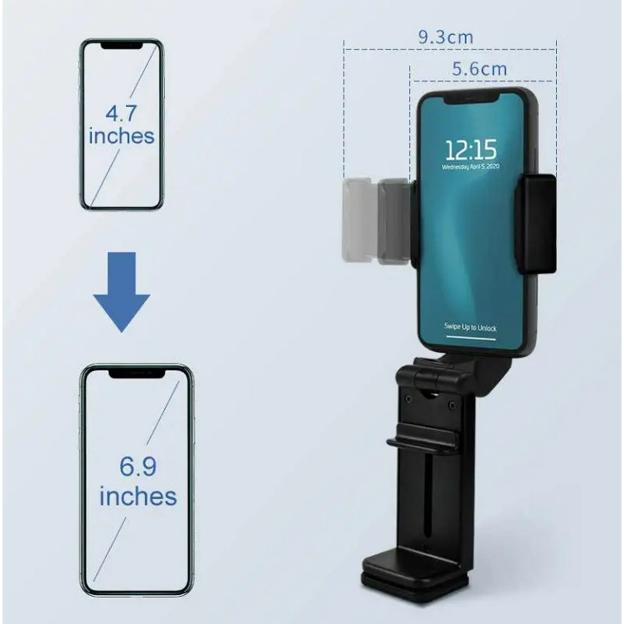 Das Bild zeigt Handygrößen: 4,7 und 6,9 Zoll. Ein Telefon befindet sich in einem schwarzen Halter. Abmessungen werden angezeigt, und die Uhrzeit wird angezeigt.