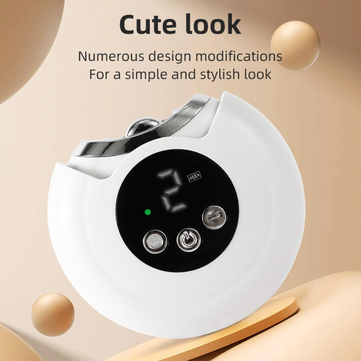 Weißes Gerät mit schwarzem Display, das die Zahl '2' anzeigt. Zwei hellbraune Kugeln und der Text 'Cute look' sind ebenfalls vorhanden.