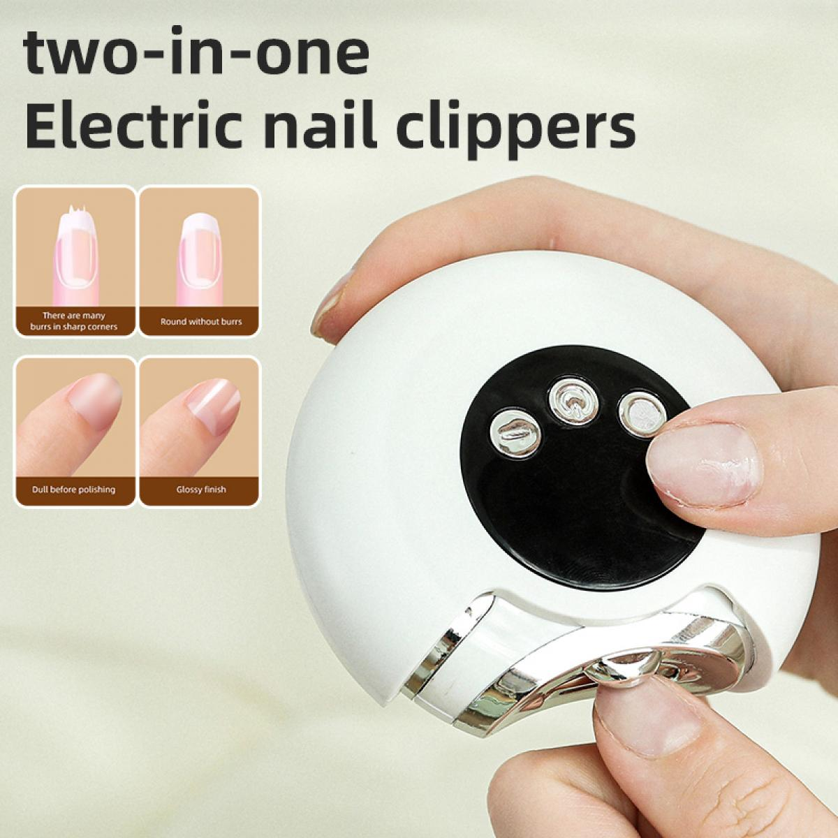 Eine Hand hält einen weißen und silbernen elektrischen Nagelknipser. Das Bild zeigt ein Vorher-Nachher-Bild des Nagelknipsens.