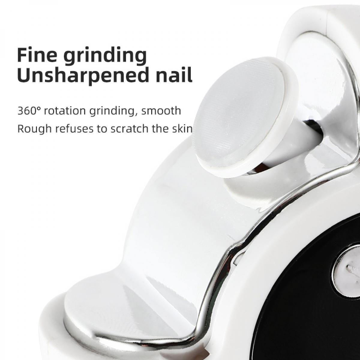 Nahaufnahme eines weißen Nagelgrinders. Text lautet 'Feines Schleifen Ungeschärfter Nagel'. Der Grinder hat einen weißen, runden Schleifkopf.