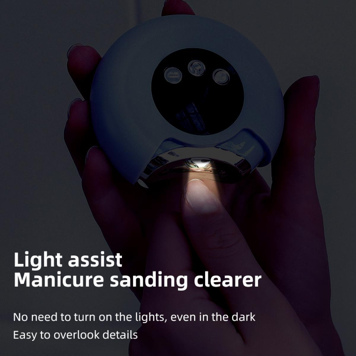 Eine Person hält ein Maniküre-Gerät mit einem Licht, das auf einen Finger scheint. Es ist weiß und rund mit drei kleinen Lichtern oben.