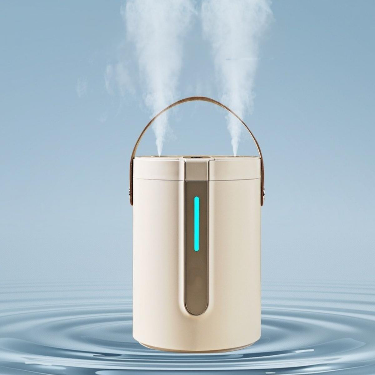 Ein beigefarbener Luftbefeuchter mit braunem Griff stößt Dampf aus. Er hat einen blauen Lichtstreifen und steht über Wasserwellen vor blauem Hintergrund.