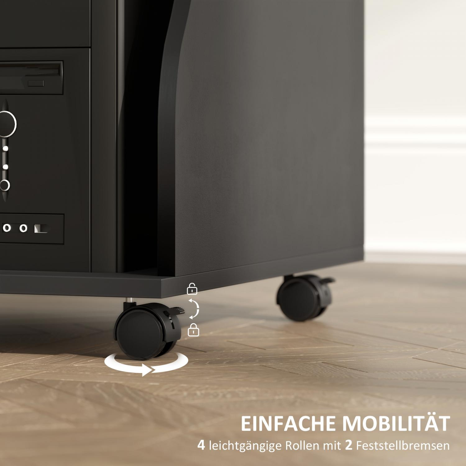 Schwarzer PC-Turm auf Rollen. Das Bild zeigt die Räder mit einem Schloss-/Entsperrsymbol und Text 'Einfache Mobilität'.