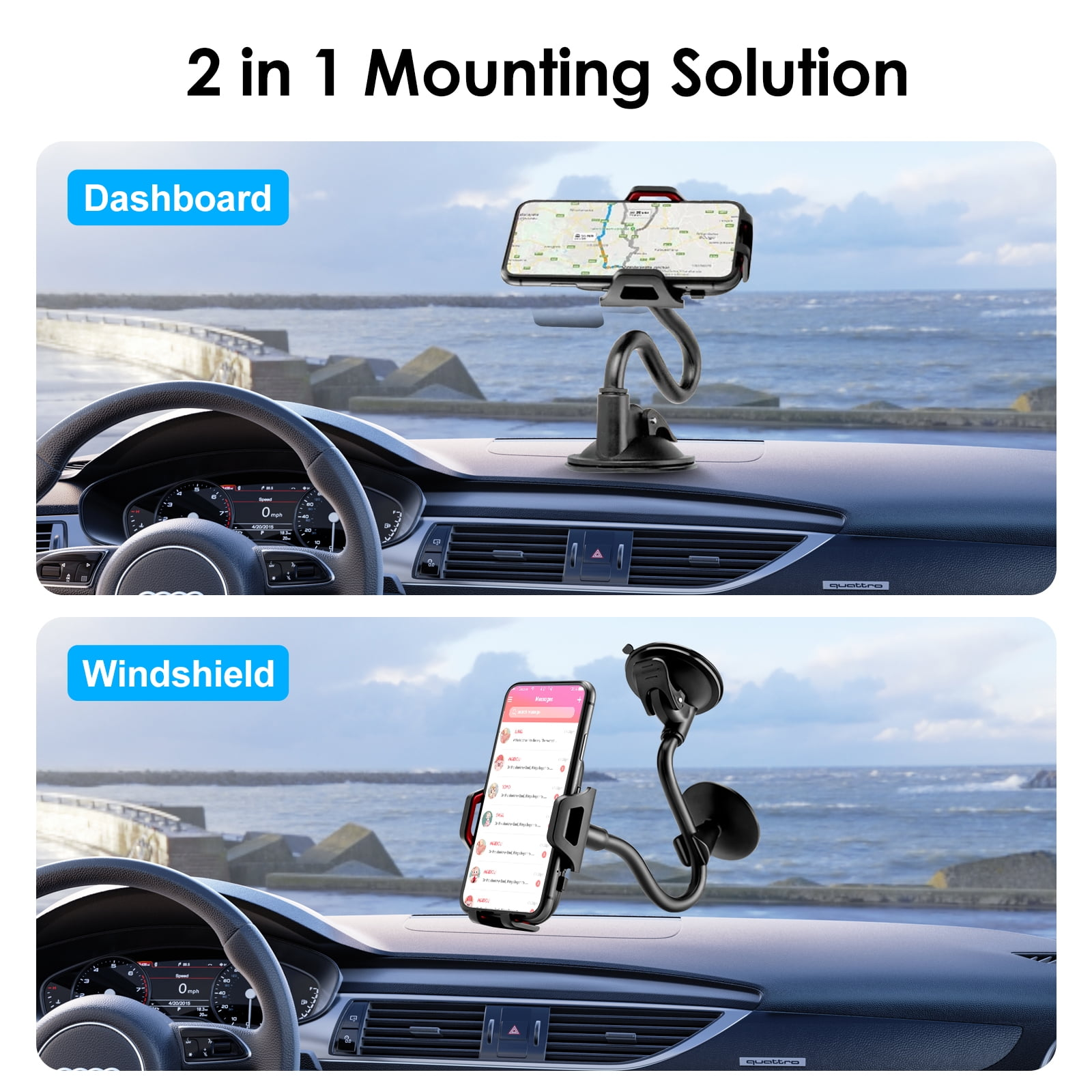 Das Bild zeigt einen Autoinnenraum mit zwei Telefonhalterungen: Armaturenbrett und Windschutzscheibe. Jede hält ein Telefon mit unterschiedlichen Oberflächen.