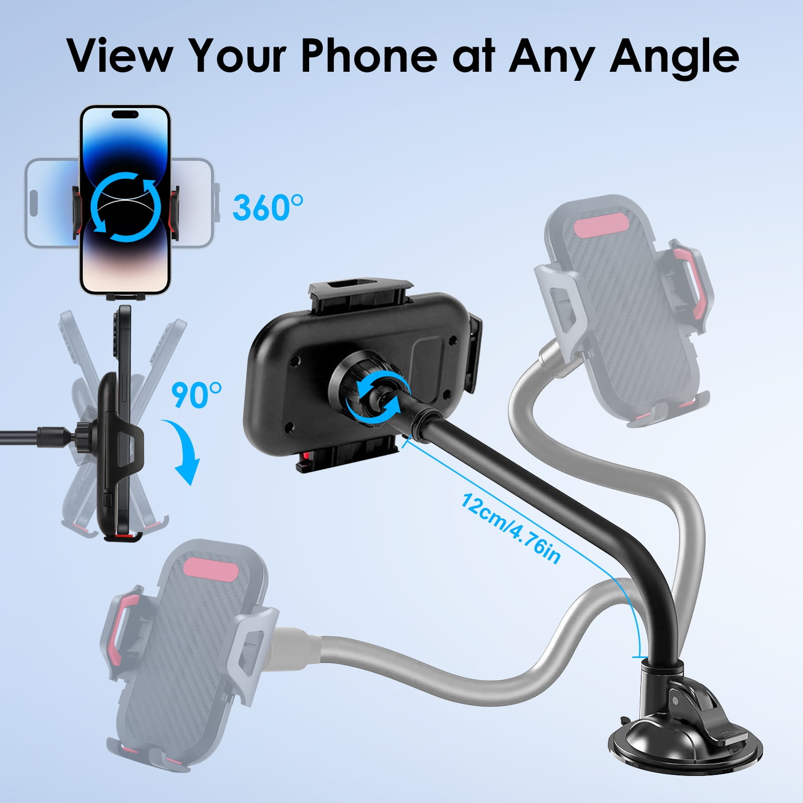 Telefonhalter mit Saugnapf und flexiblem Arm. Zeigt die Drehung des Telefons um 360 und 90 Grad. Schwarze, graue und rote Akzente.