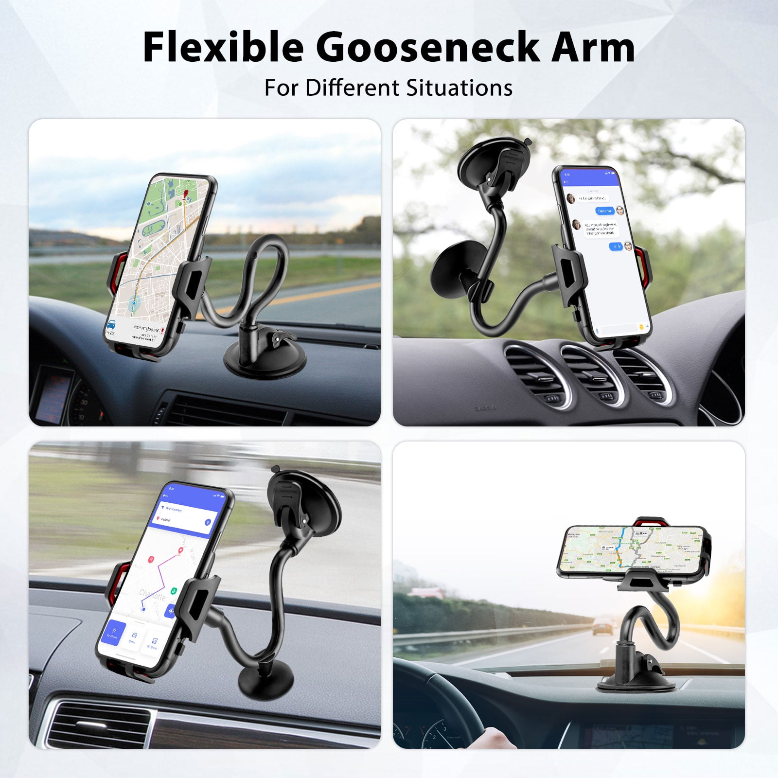 Das Bild zeigt einen flexiblen Schwanenhalsarm, der ein Telefon in einem Auto hält. Das Telefon zeigt Navigations-Apps und Chat-Bildschirme.