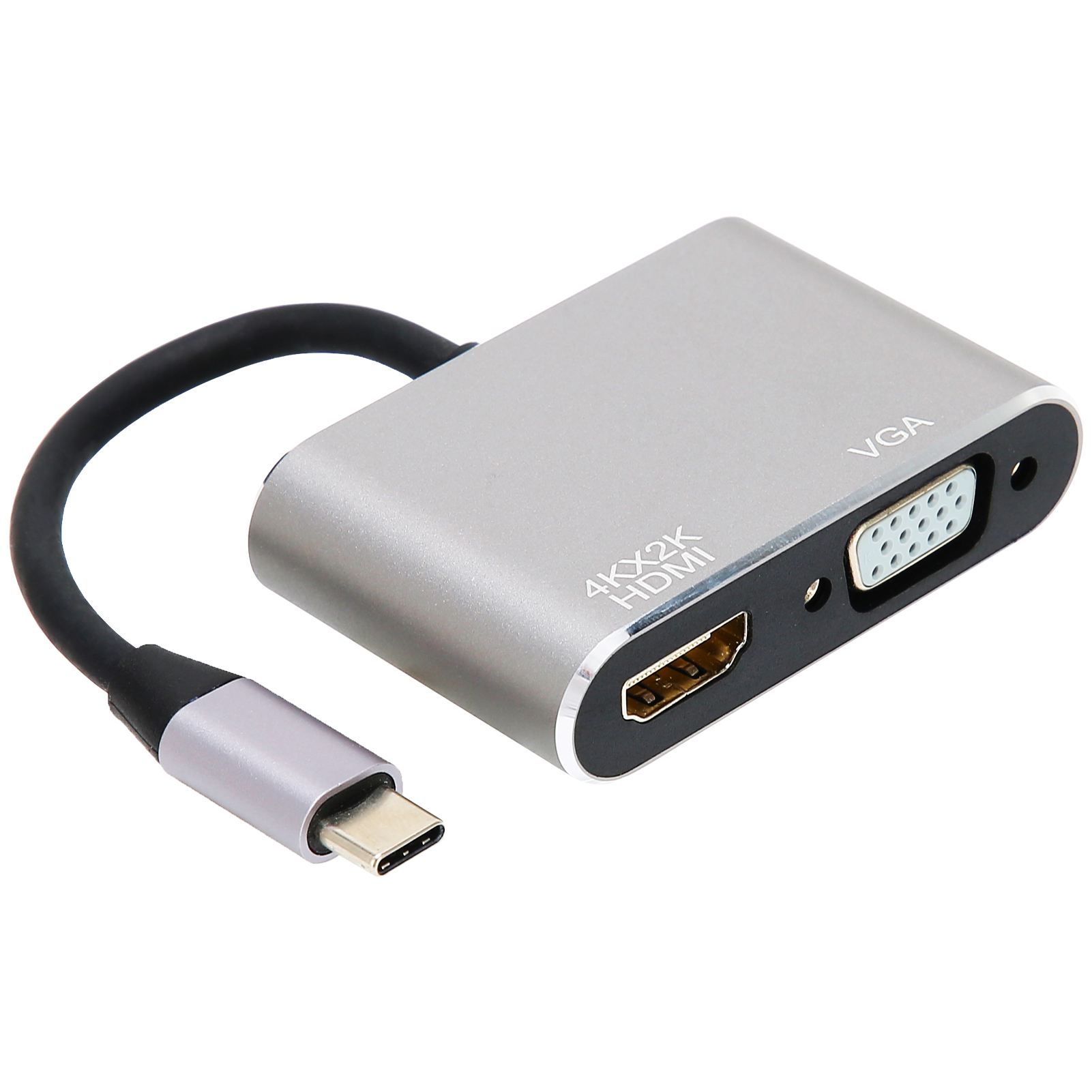 Silberner Adapter mit schwarzem Kabel und Anschlüssen für USB-C, HDMI und VGA. Das Gerät hat 4Kx2K HDMI und VGA-Etiketten.