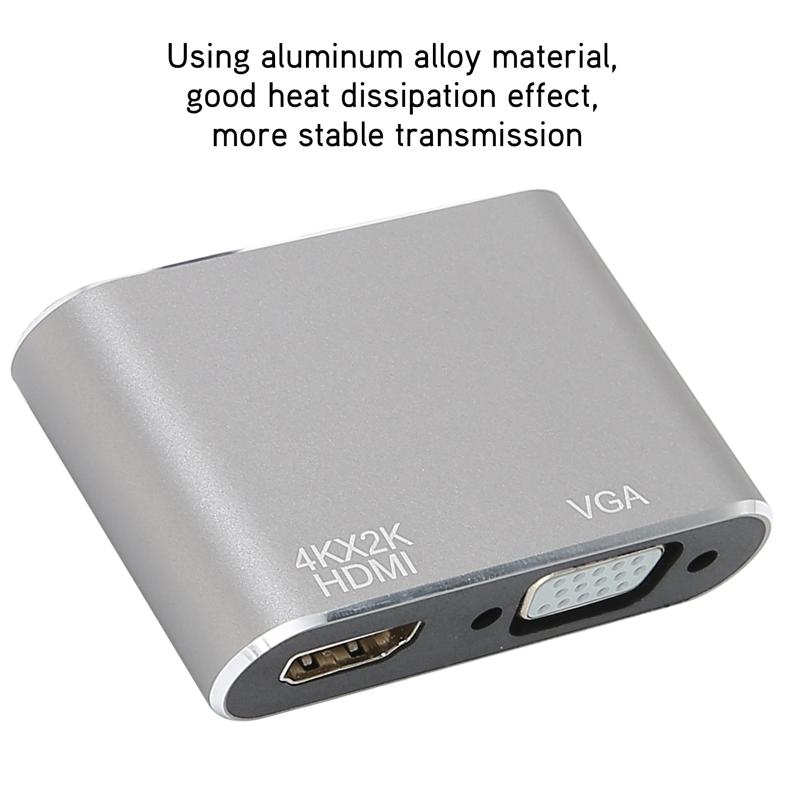 Ein silberner Adapter mit HDMI- und VGA-Anschlüssen. Text: 4Kx2K HDMI und VGA. Das Gerät befindet sich auf weißem Hintergrund.