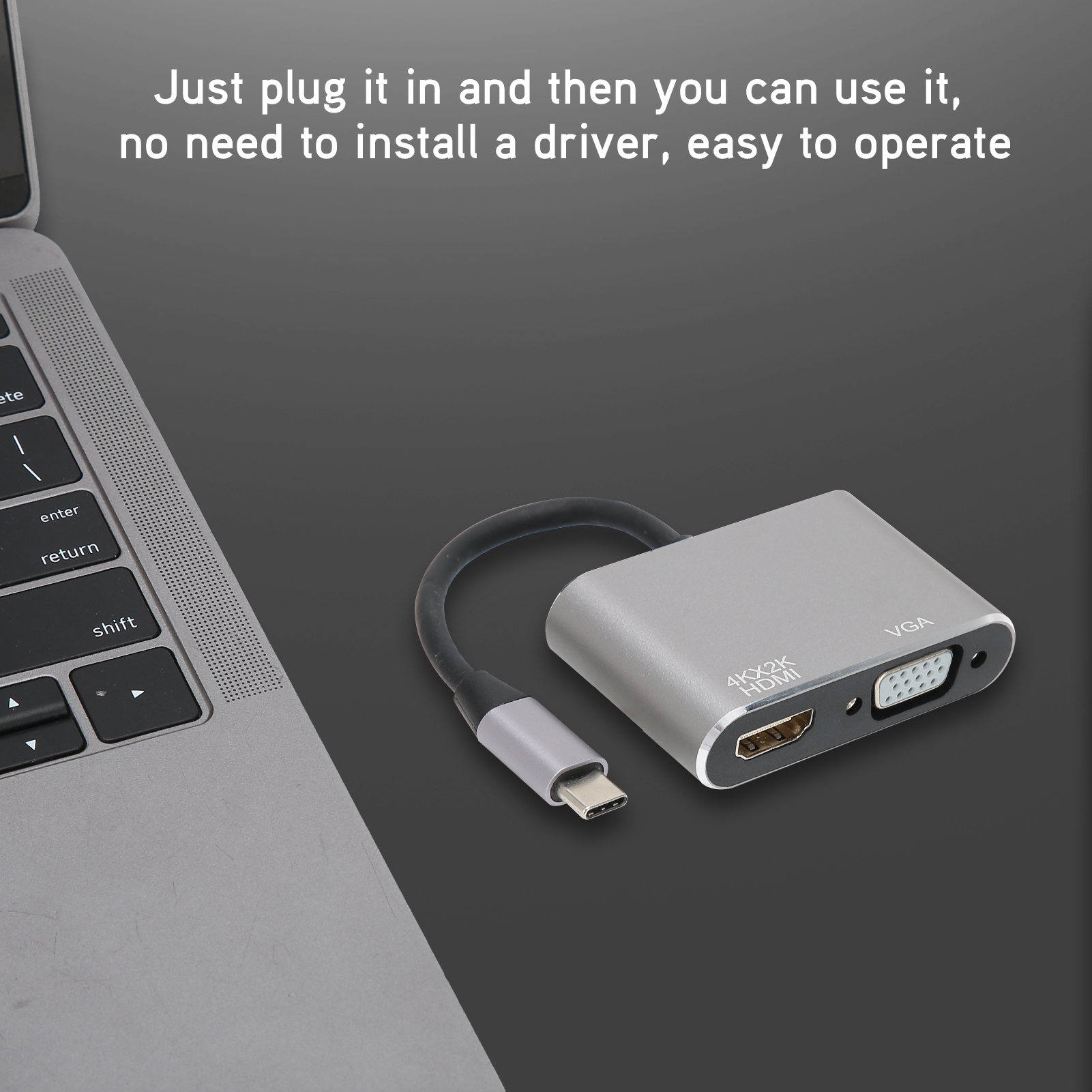 Silberner USB-C-Adapter mit HDMI- und VGA-Anschlüssen, verbunden mit einer Laptop-Tastatur. Text: Anschließen und verwenden, kein Treiber.