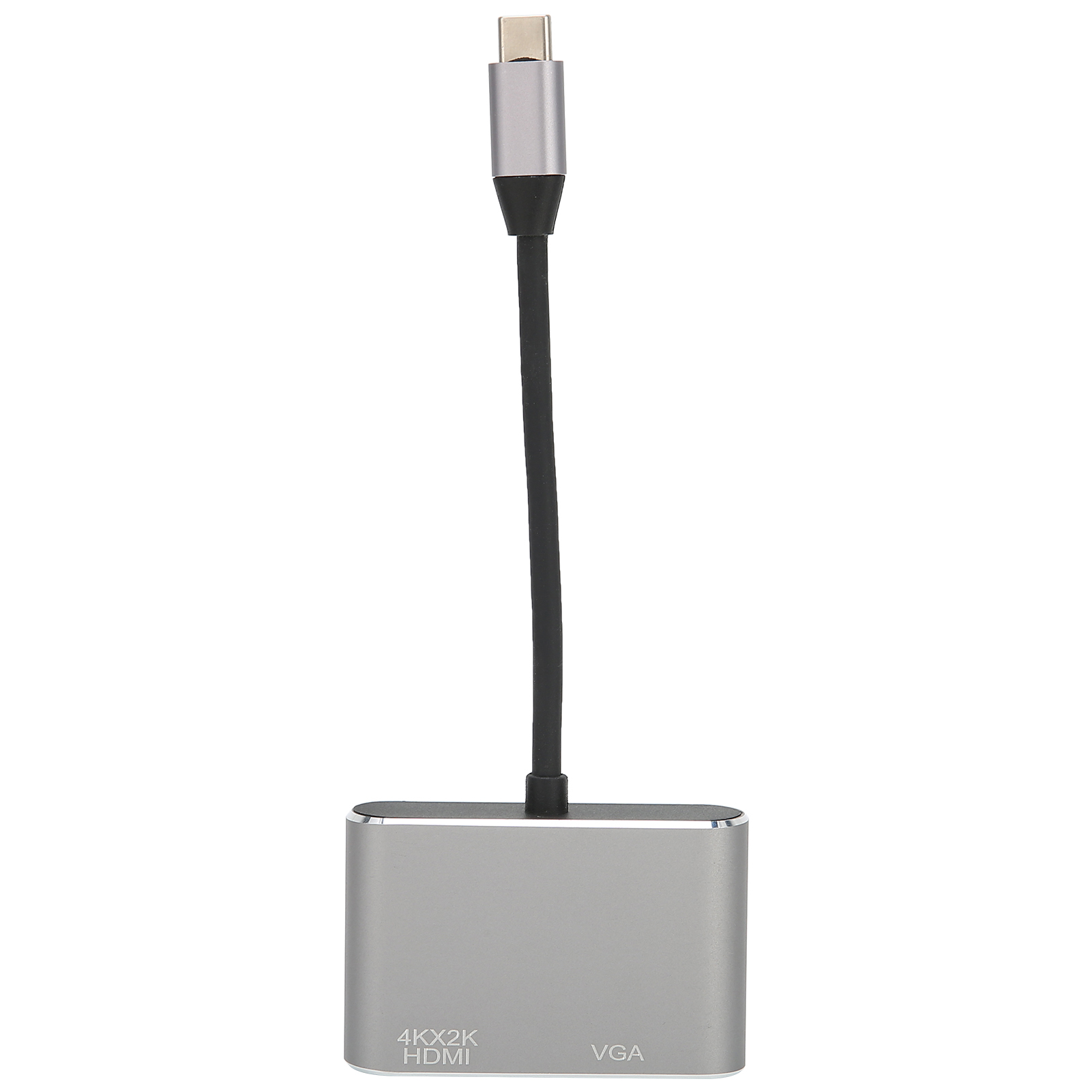 Ein silberner Adapter mit USB-C-Anschluss, einem schwarzen Kabel und einem silbernen Block mit der Aufschrift HDMI und VGA.